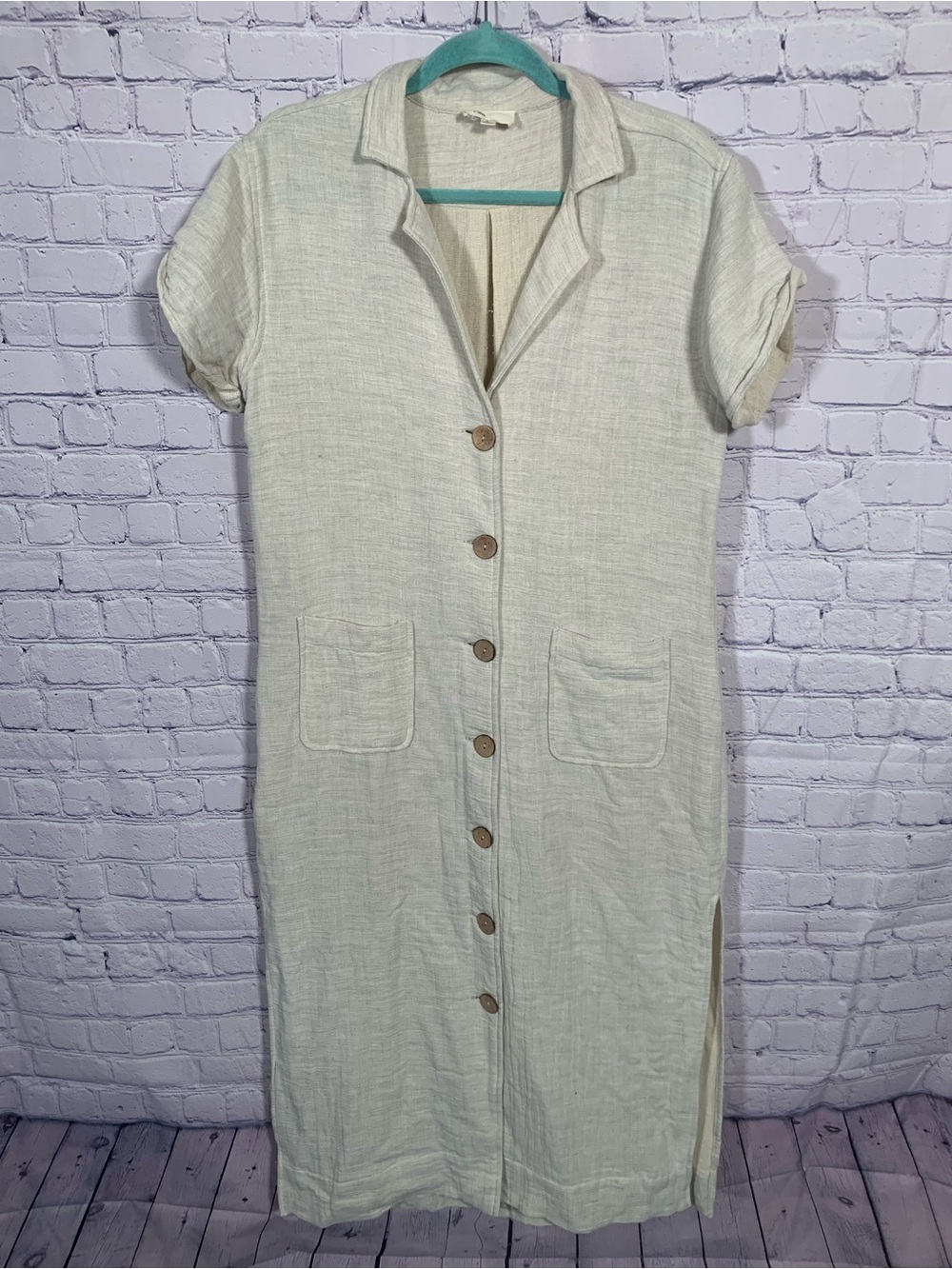 A,Ren Womens Cotton Short Sleeve Button Front Dress Cream Gray Size L Minimalist